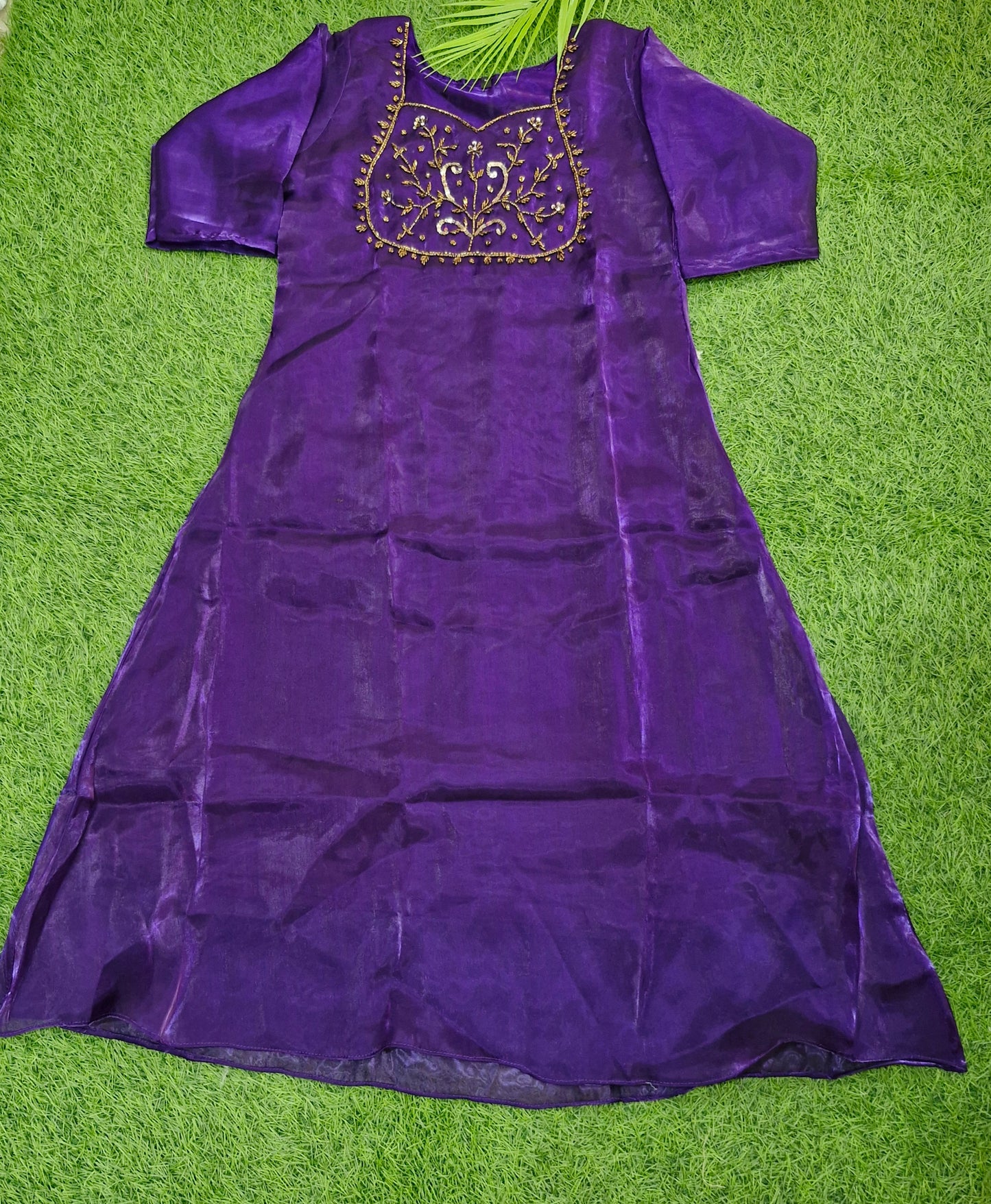 Purple Shimmery Tissue Kurti with Embroidered Neckline