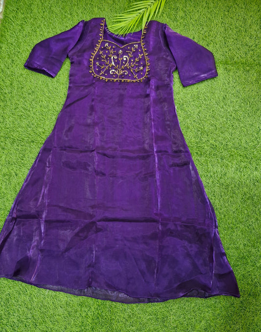 Purple Shimmery Tissue Kurti with Embroidered Neckline
