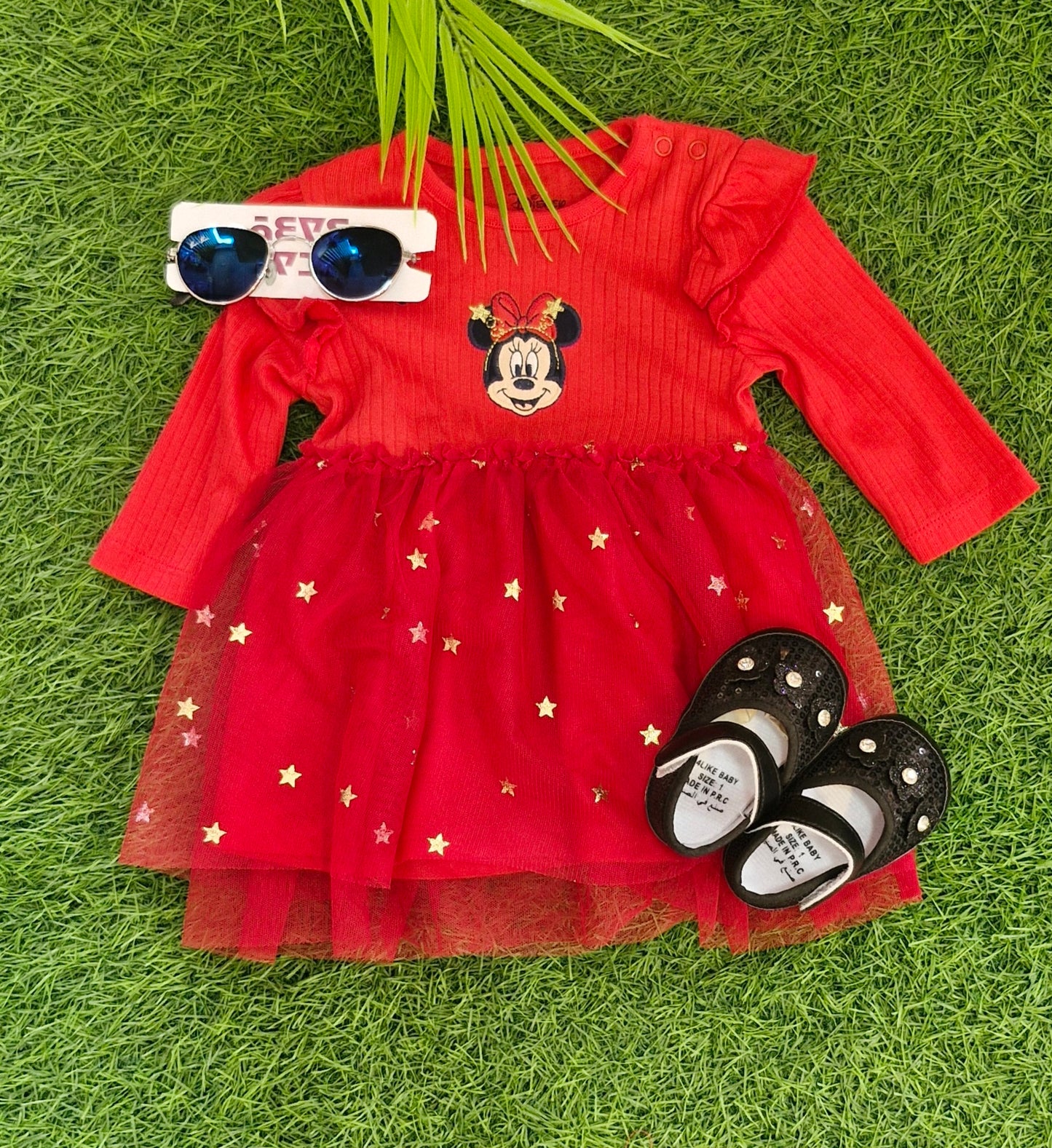 "Adorable Red Baby Dress with Glittery Stars – Premium Comfort for 0-3 Years"