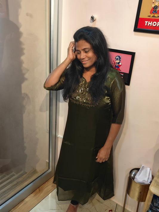 Green Shimmery Tissue Kurti with Embroidered Neckline - Diwali Special Edition
