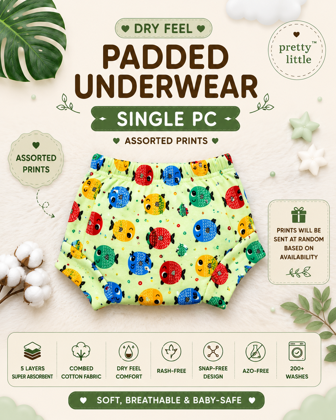 Reusable Dry Feel Padded Underwear | Baby Potty Training Pants (assorted prints)
