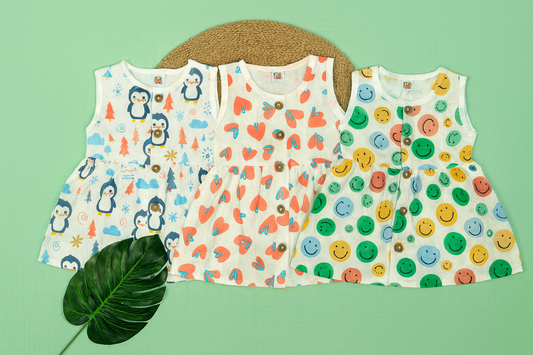 Soft Muslin Baby Frock sleeveless – Happy Prints, Comfy Fit(Best Combo Dispatched)