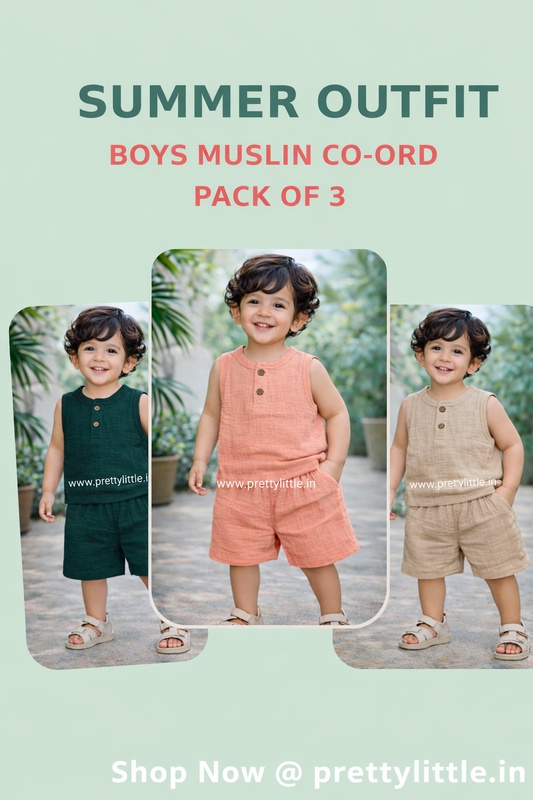 Crinkled Muslin Unisex Sleeveless Co-ord Set – Pack of 3 | 1-4 Years (Any 3)