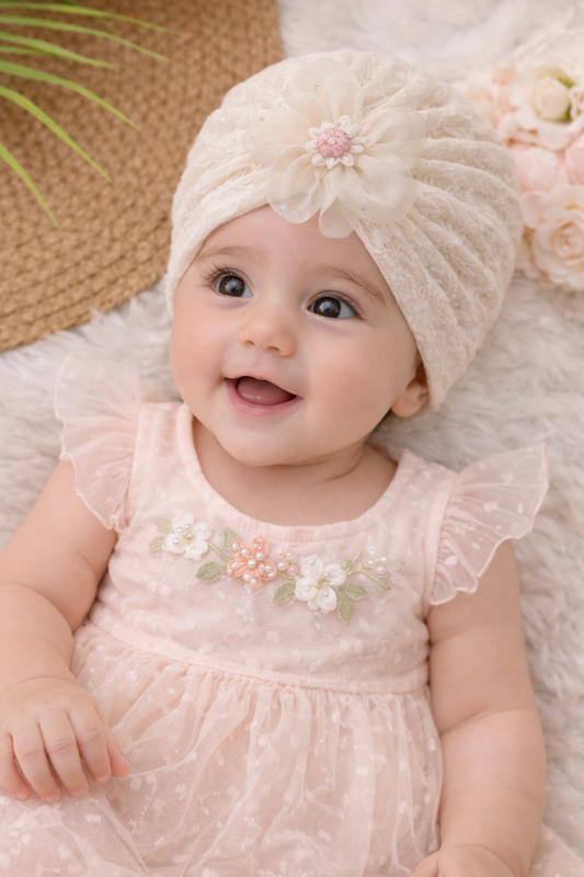 Baby Lace Turban Cap with Flower – Soft Stretch Headwrap (0–12 Months)