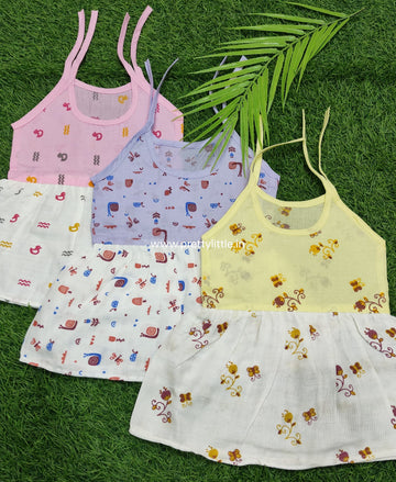 Color cotton with muslin knot frock combo pack (best 3 dispatched)(0-3m)