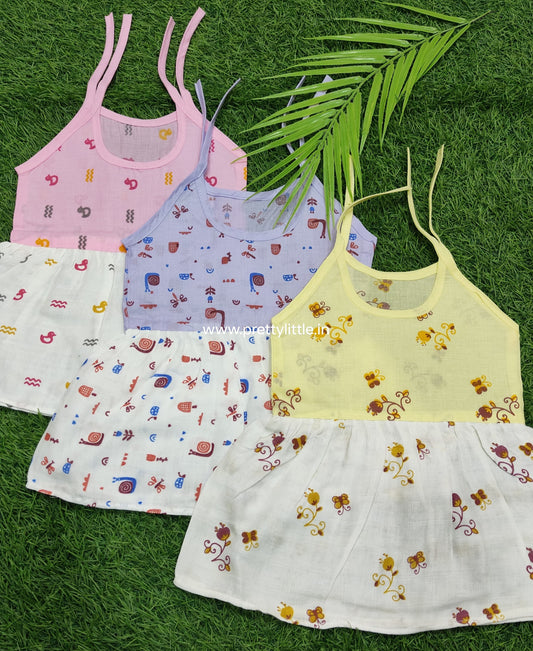 Color cotton with muslin knot frock combo pack (best 3 dispatched)(0-3m)