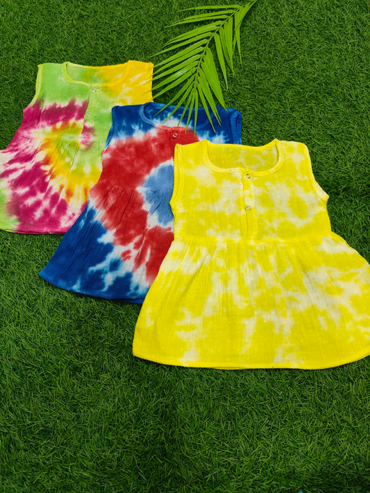 Muslin tie&tie sleeveless frock combo pack (best 3 dispatched)(0-3m)