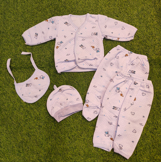 5-Piece Baby Clothing Set with Quilted Jacket, Footed Pants, Cap, and Bib