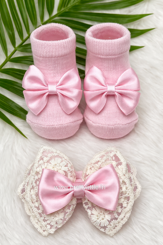 Baby Girl Bow Booties & Lace Hair Bow Set | Soft Cotton Baby Socks | Pretty Little