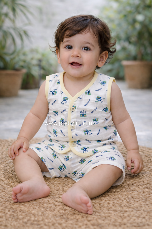 color Muslin sleeveless jabla with trouser set ( best 3 dispatched) (half set) (0-8 month)