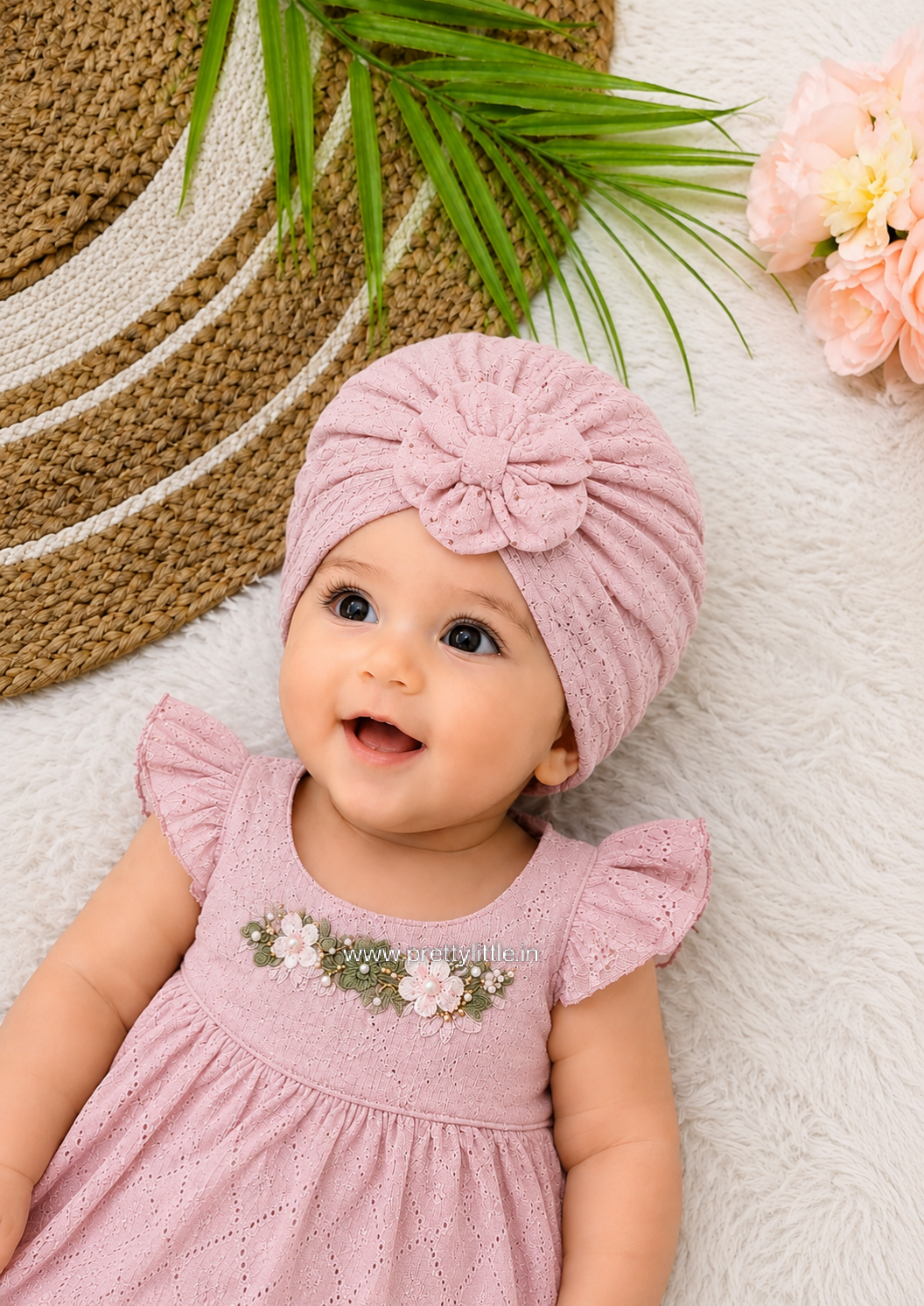 Baby Lace Turban Cap with Flower – Soft Stretch Headwrap (0–12 Months)