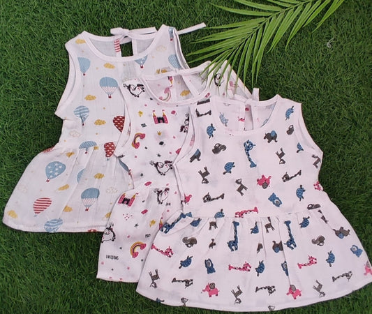 Premium Muslin Back Knot Frock Combo pack of 3 (0-6 Months)