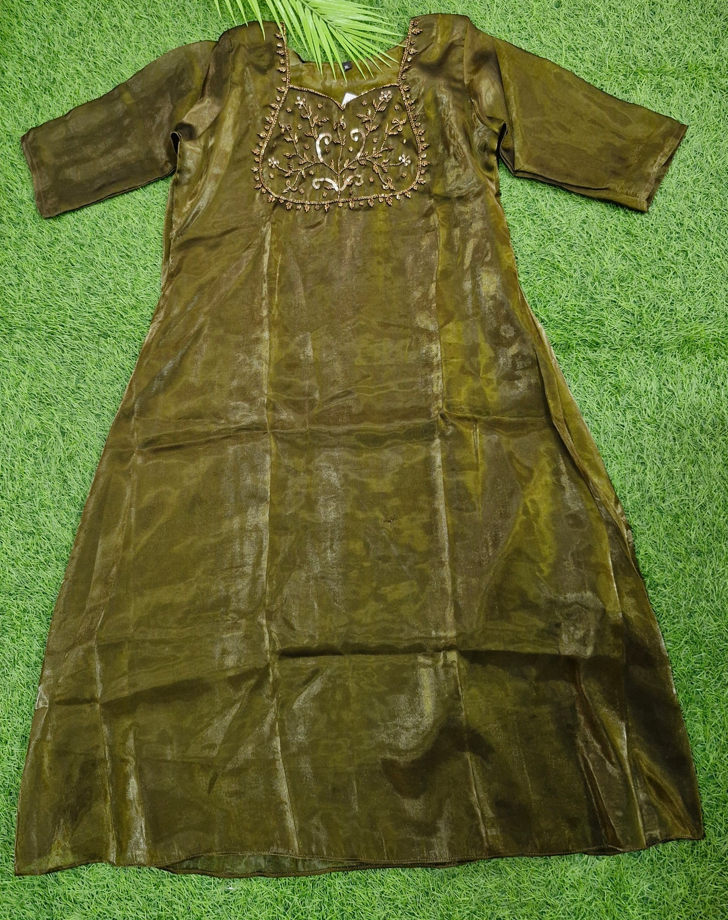 Green Shimmery Tissue Kurti with Embroidered Neckline - Diwali Special Edition