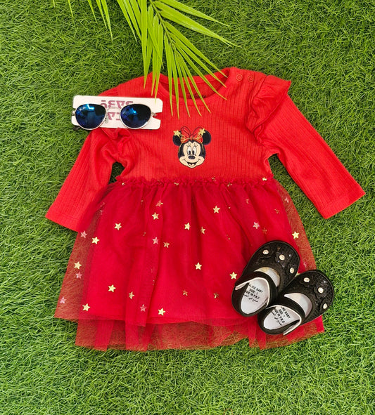 "Adorable Red Baby Dress with Glittery Stars – Premium Comfort for 0-3 Years"