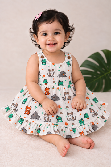 Little Friends Animal Print Muslin Frock – 9–12 & 18–24 Months