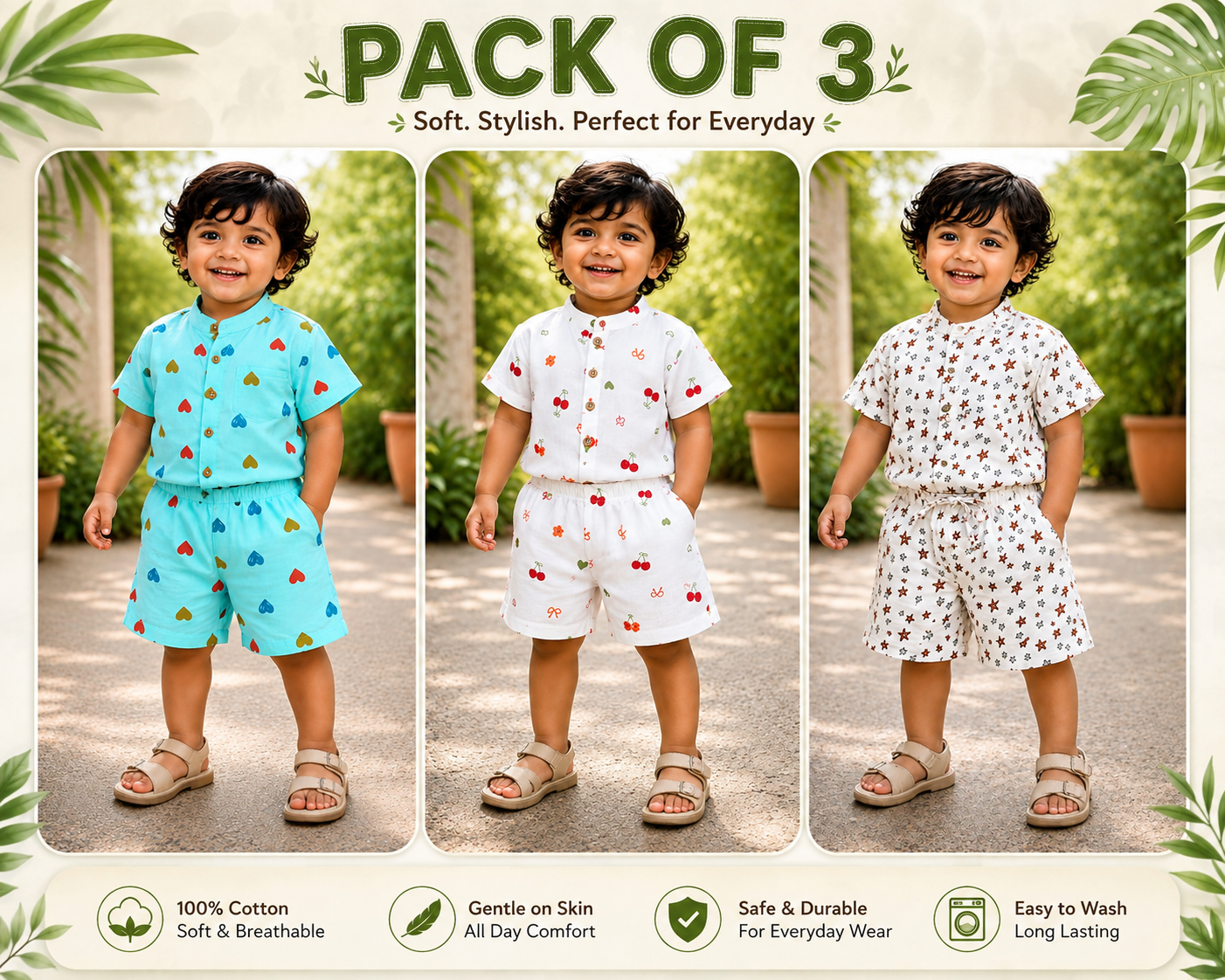 Cloud Soft Muslin Co-ord Set pack of 3 – Ultra-Soft Baby Wear (upto 6 year) (Assorted)