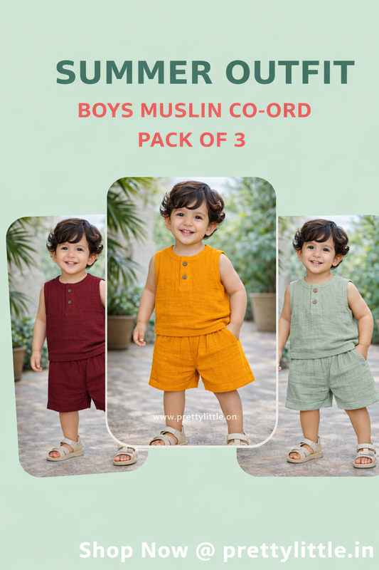 Crinkled Muslin Unisex Sleeveless Co-ord Set – Pack of 3 | 1-4 Years (Any 3)
