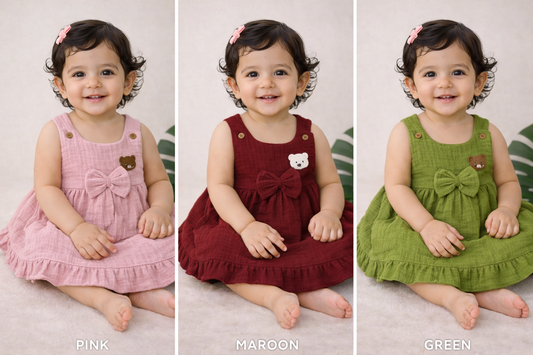 Crinkled Muslin Baby Frock with Bow | 0–3 Years | 0-2 Years (Any 1)