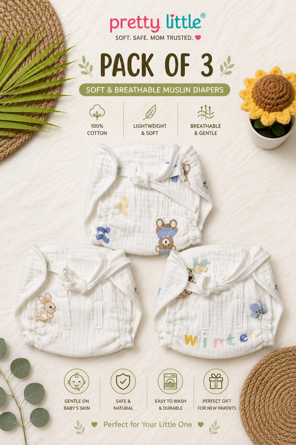 Muslin Comfort Padded Nappy – Pack of 3
