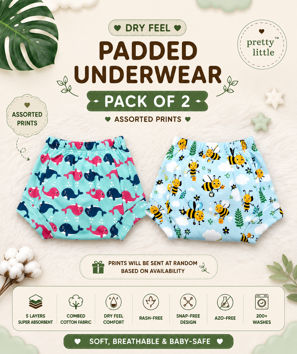 Reusable Dry Feel Padded Underwear | Baby Potty Training Pants (assorted prints)