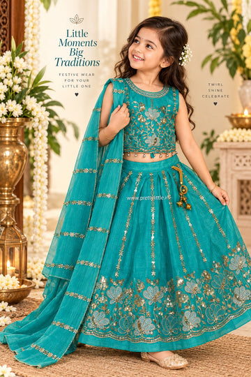 Avyanna Teal Floral Embroidered Lehenga Set – 3 to 9 Years
