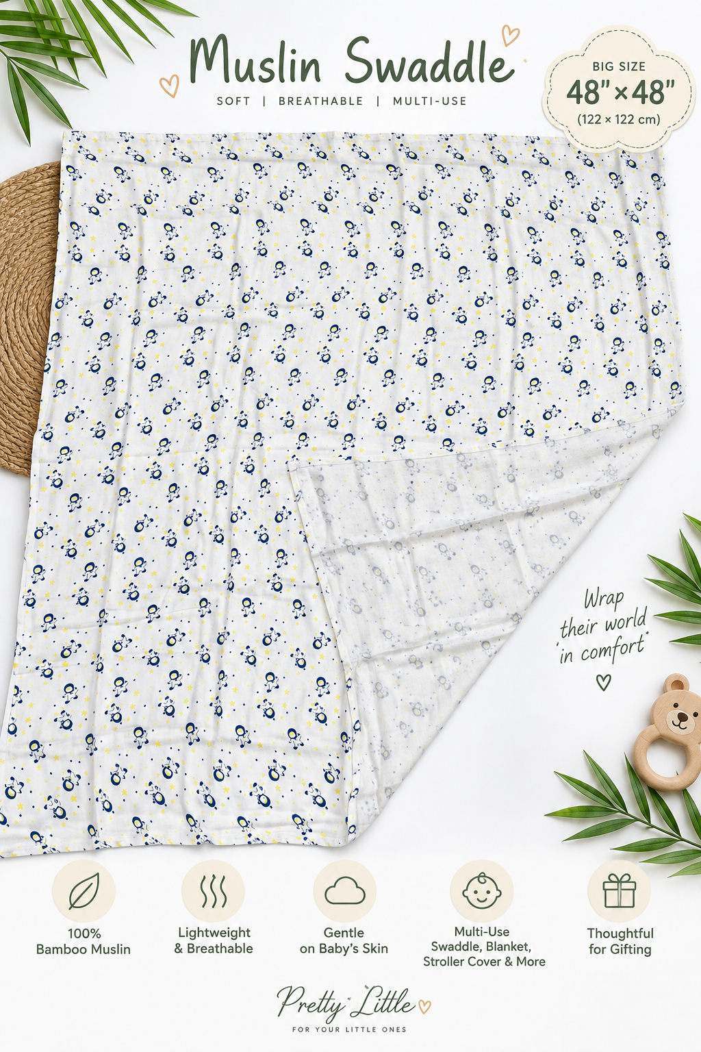 Bamboo Muslin Swaddle – 48" × 48" | Ultra Soft & Breathable (Pack of 2)