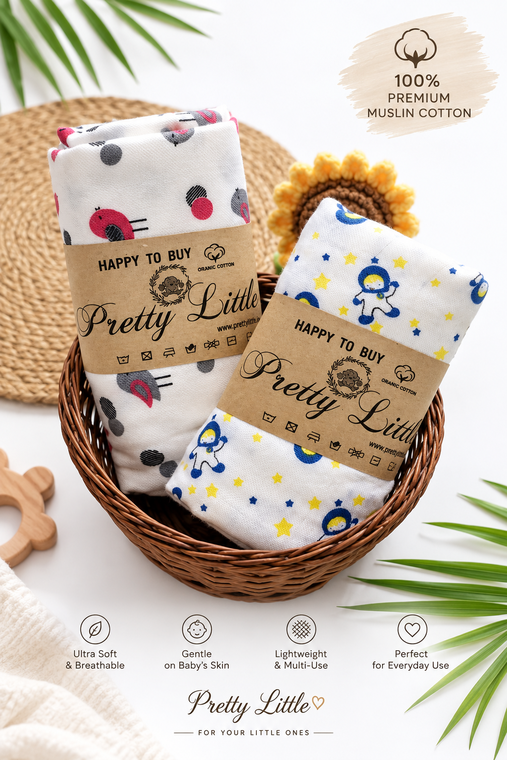 Bamboo Muslin Swaddle – 48" × 48" | Ultra Soft & Breathable (Pack of 2)
