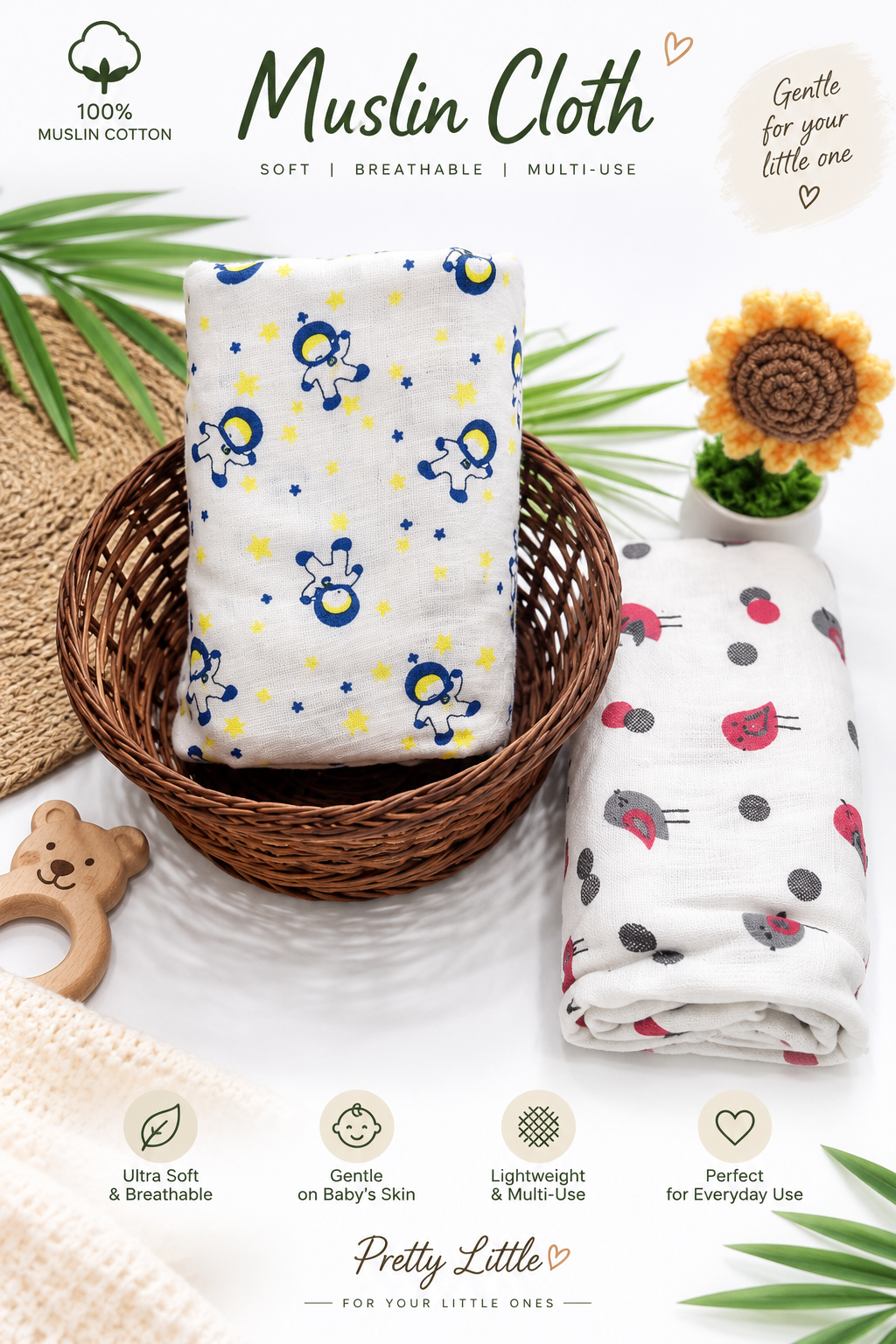 Bamboo Muslin Swaddle – 48" × 48" | Ultra Soft & Breathable (Pack of 2)