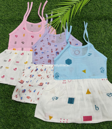 Color cotton with muslin knot frock combo pack (best 3 dispatched)(0-3m)