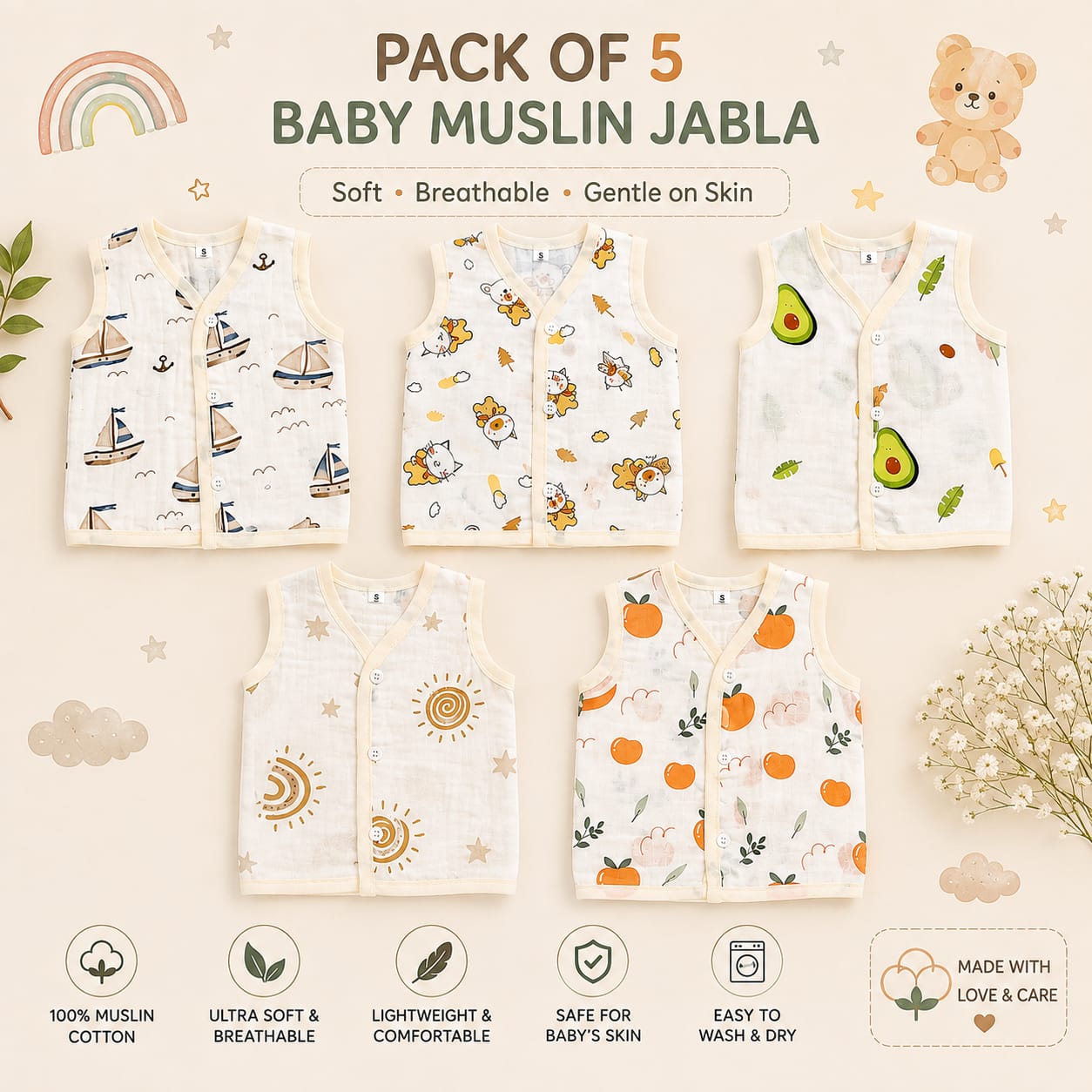 Combo Pack of Muslin Jablas for Babies ( best 5 dispatched)
