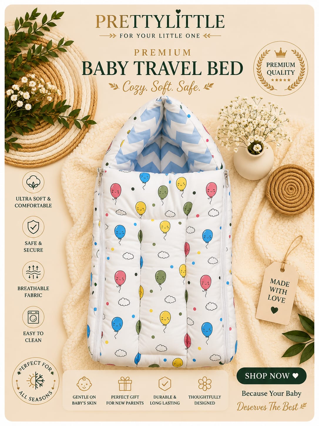 Cute Balloon Print Baby Sleeping Bag – Soft & Comfortable Newborn Swaddle