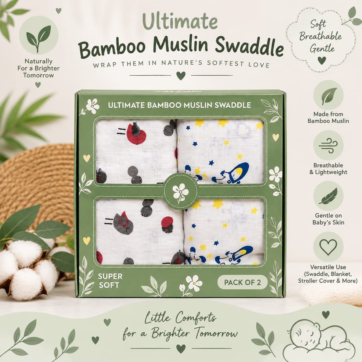Bamboo Muslin Swaddle – 48" × 48" | Ultra Soft & Breathable (Pack of 2)