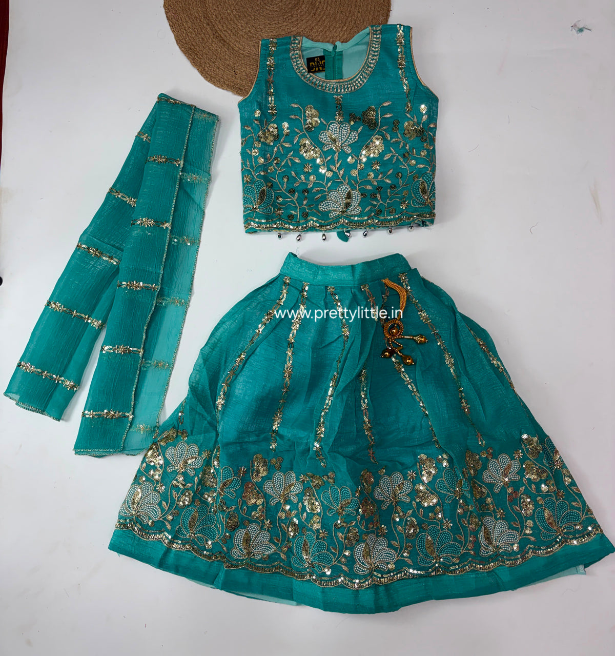 Avyanna Teal Floral Embroidered Lehenga Set – 3 to 9 Years