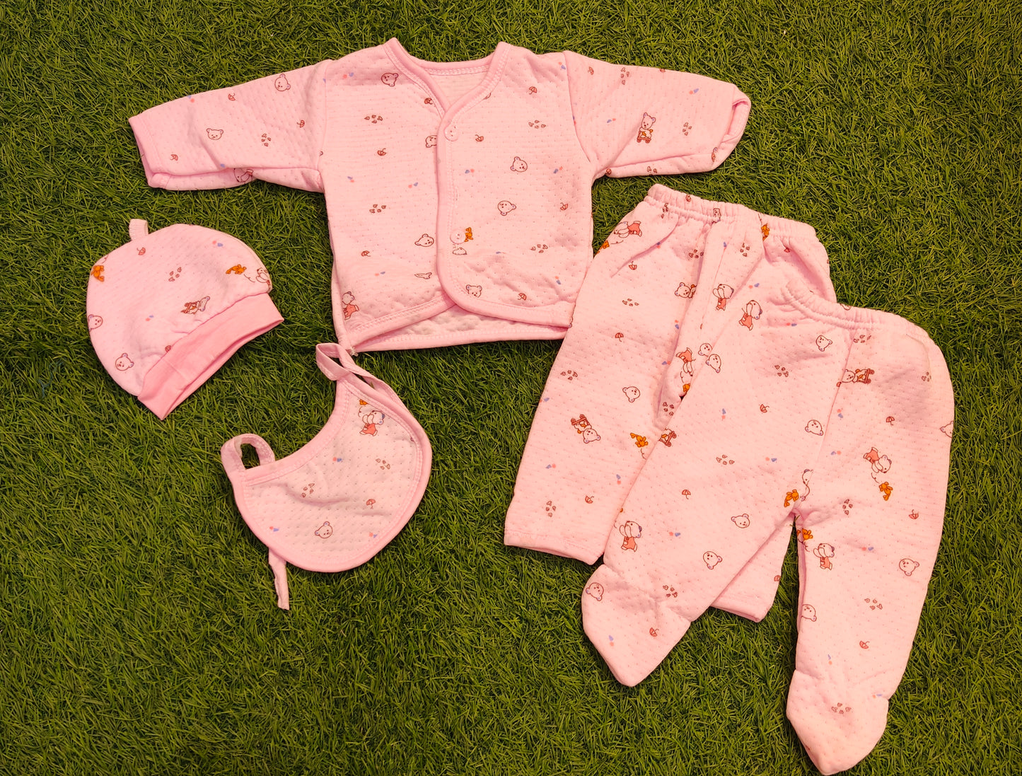 5-Piece Baby Clothing Set with Quilted Jacket, Footed Pants, Cap, and Bib