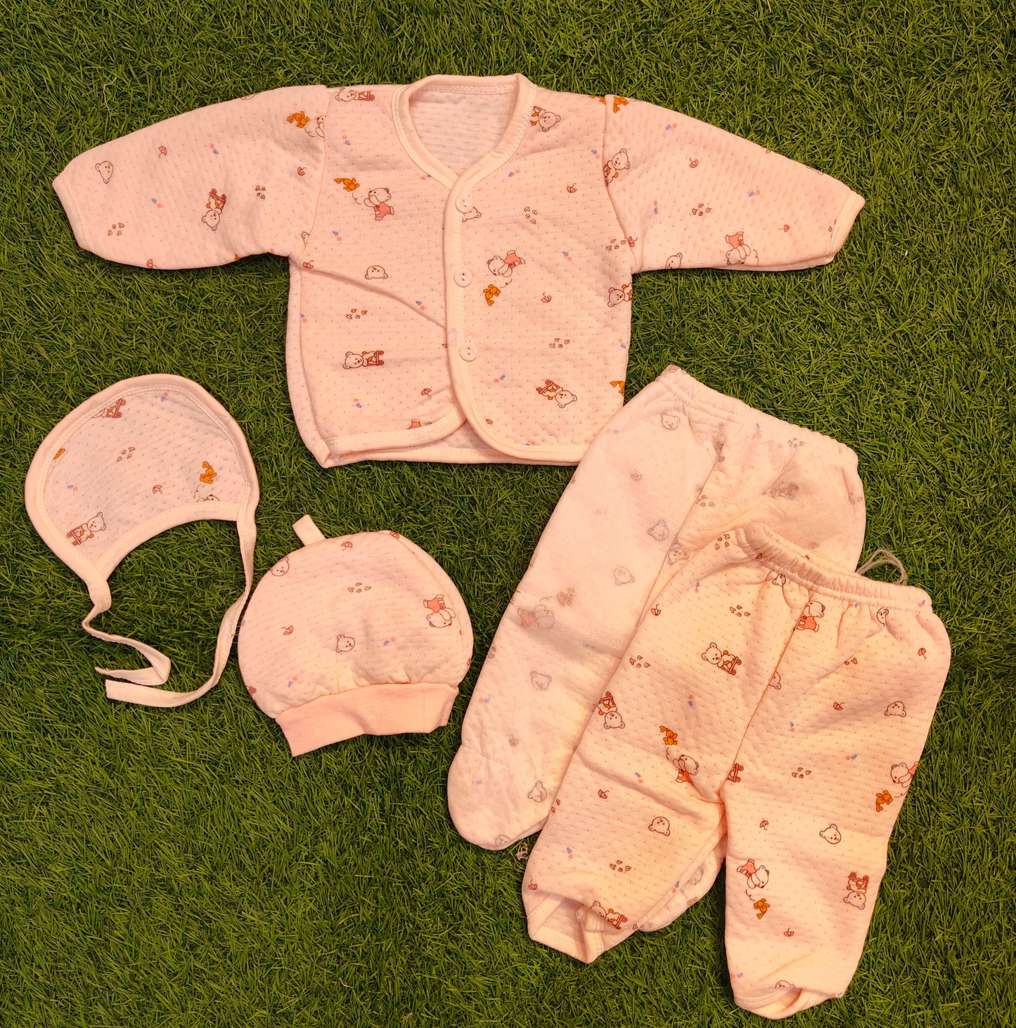 5-Piece Baby Clothing Set with Quilted Jacket, Footed Pants, Cap, and Bib