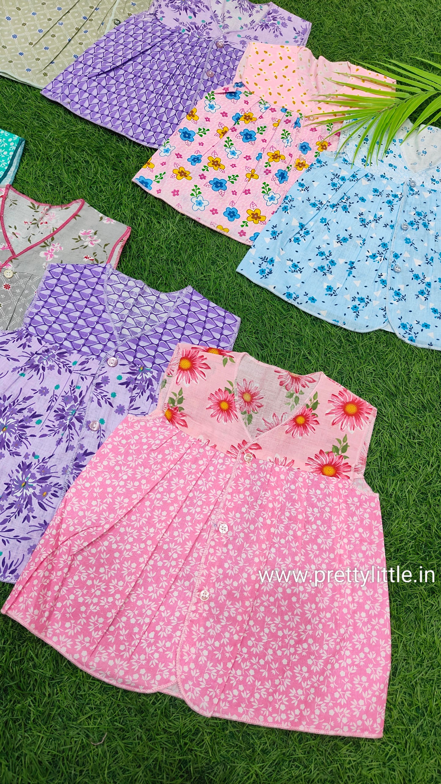 Pack of 10 Front-Button Cotton Frocks for Baby Girls (0-6 Months)