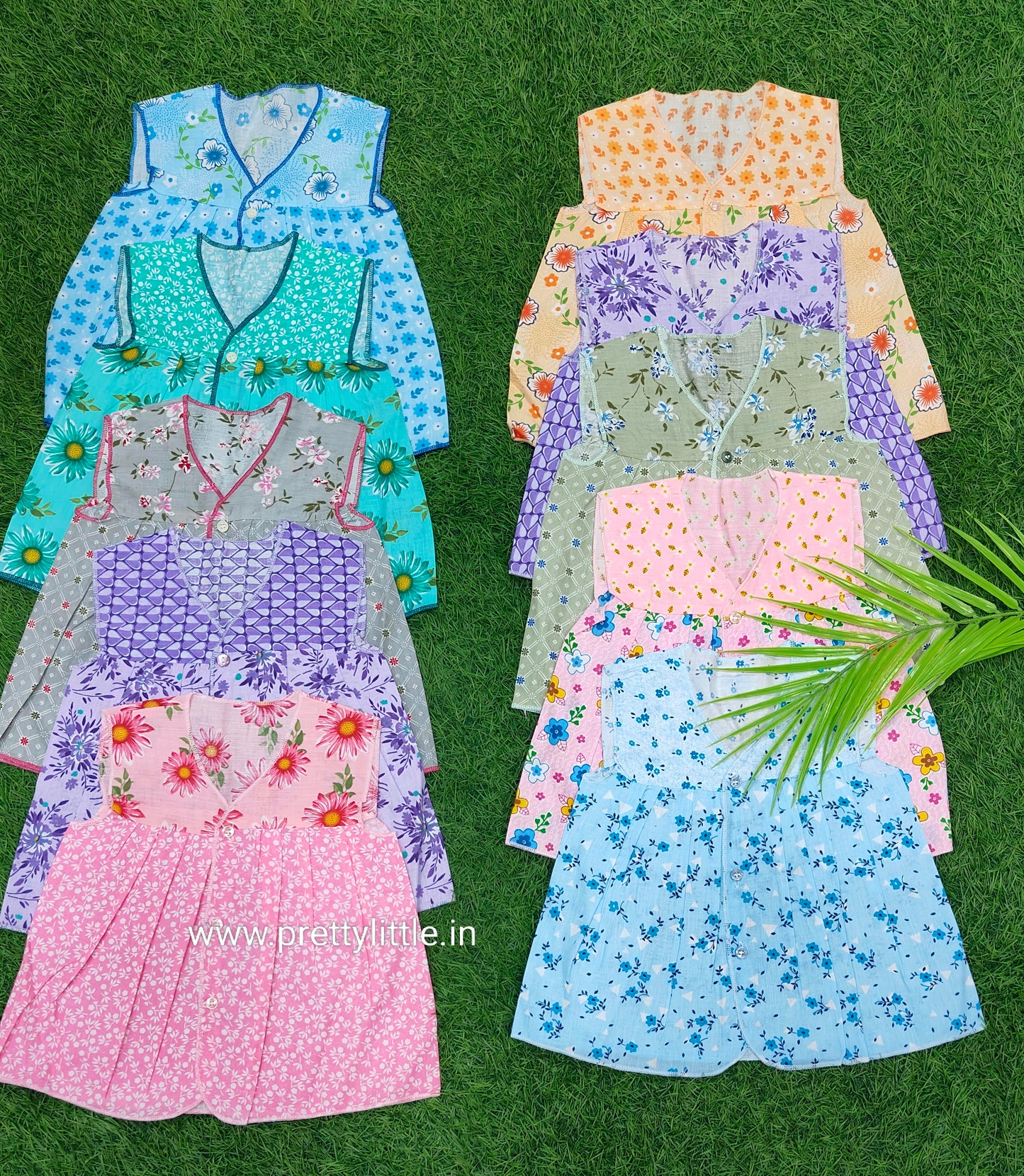 Pack of 10 Front-Button Cotton Frocks for Baby Girls (0-6 Months)