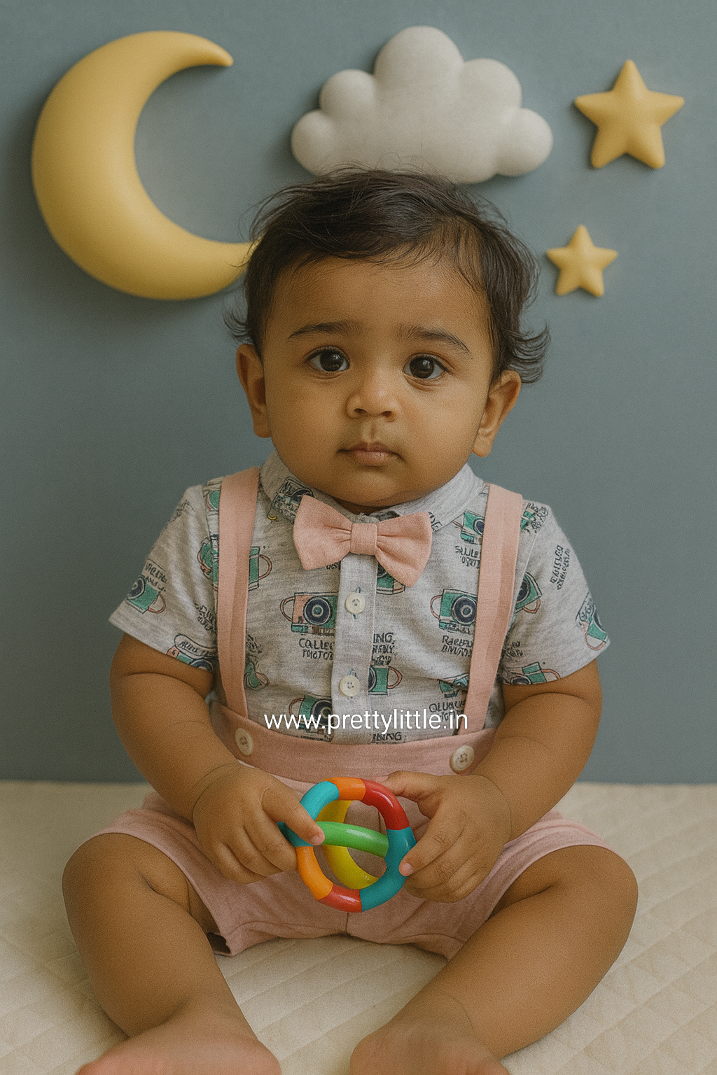 Stylish Dungri Baby Outfit with Suspenders, Bow Tie