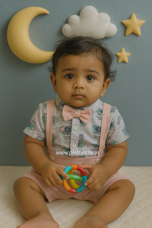 Stylish Dungri Baby Outfit with Suspenders, Bow Tie