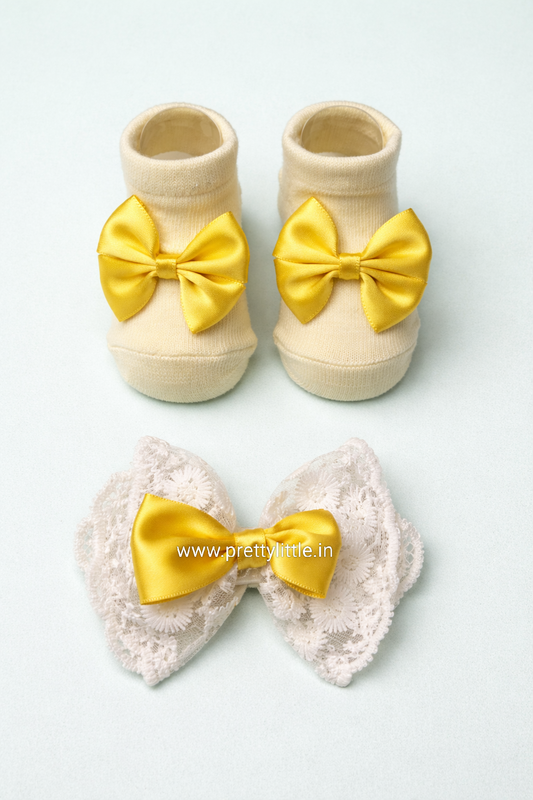 Baby Girl Bow Booties & Lace Hair Bow Set | Soft Cotton Baby Socks | Pretty Little