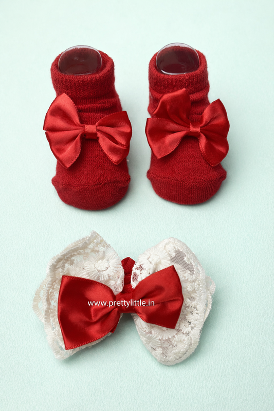Baby Girl Bow Booties & Lace Hair Bow Set | Soft Cotton Baby Socks | Pretty Little