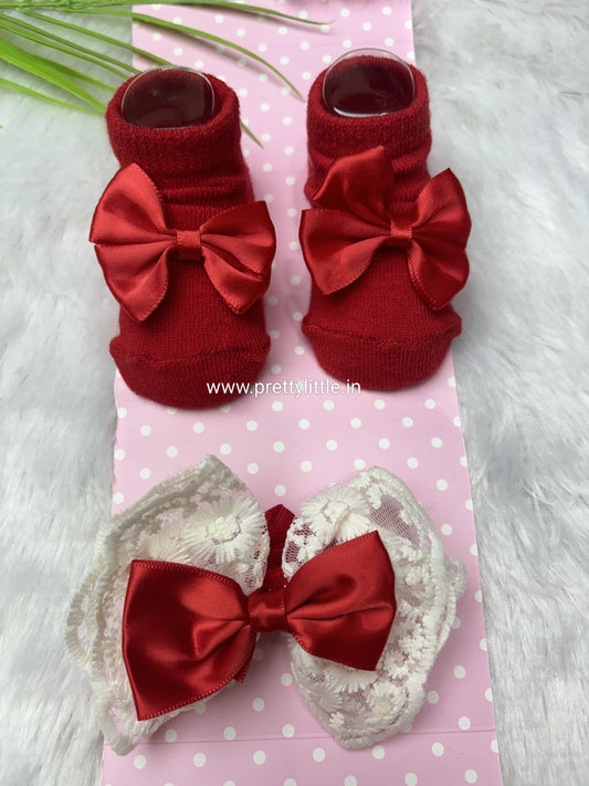 Baby Girl Bow Booties & Lace Hair Bow Set | Soft Cotton Baby Socks | Pretty Little