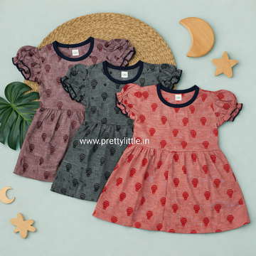 Girls Printed Cotton Dress Combo – Pack of 3 (0–3 Years) Assorted