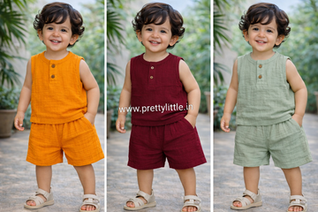 Crinkled Muslin Unisex Sleeveless Co-ord Set – Pack of 3 | 1-4 Years (Any 3)