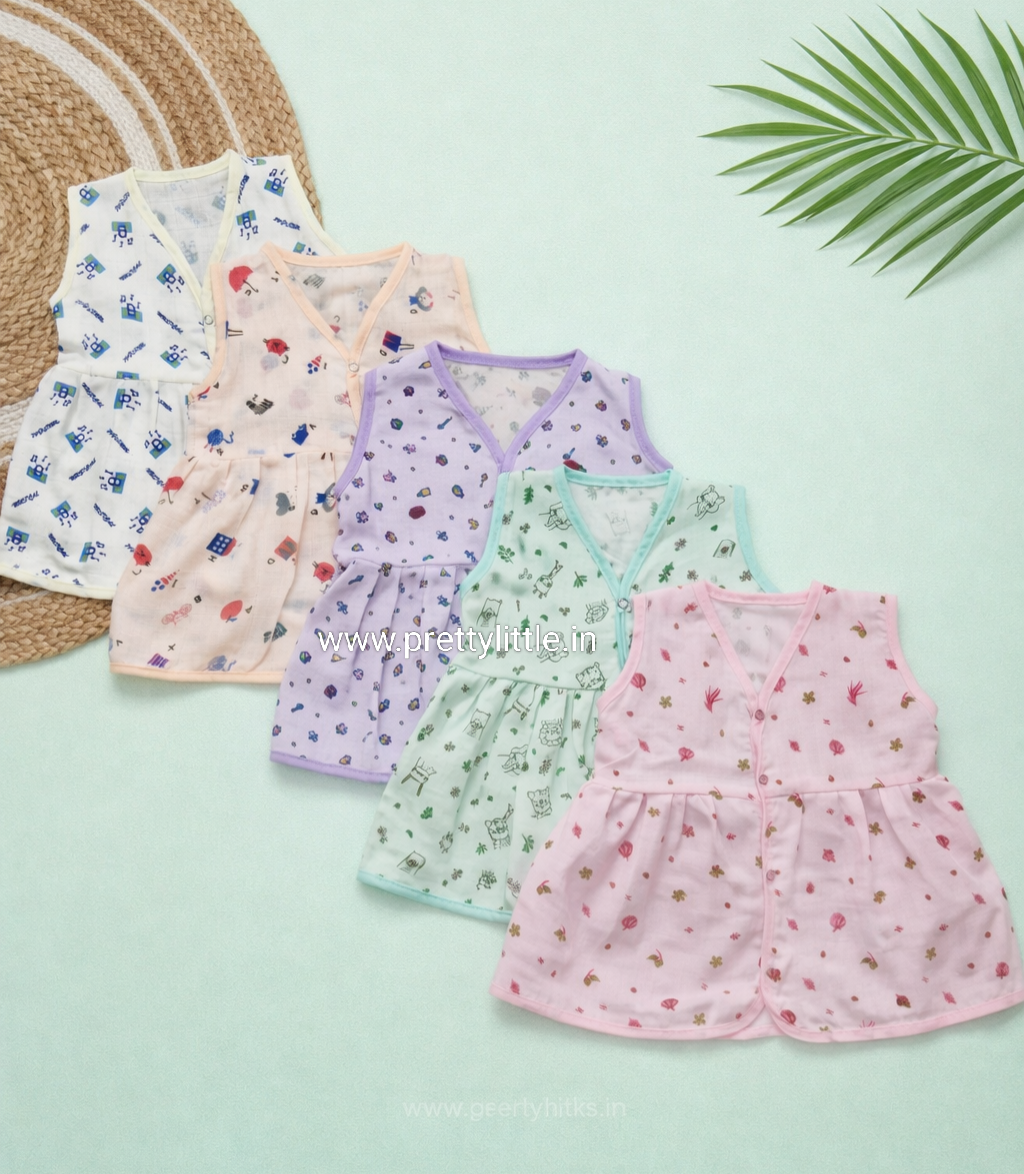 (Any 5) Combo Pack of Muslin soft Frocks for Babies sleeveless (0-8 month)