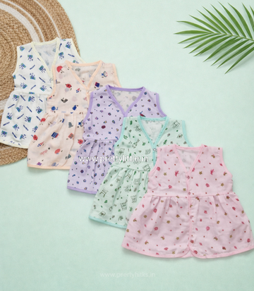 (Any 5) Combo Pack of Muslin soft Frocks for Babies sleeveless (0-8 month)