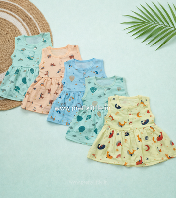 (Any 5) Combo Pack of Muslin soft Frocks for Babies sleeveless (0-6 month)