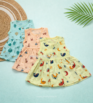 (Any 5) Combo Pack of Muslin soft Frocks for Babies sleeveless (0-6 month)
