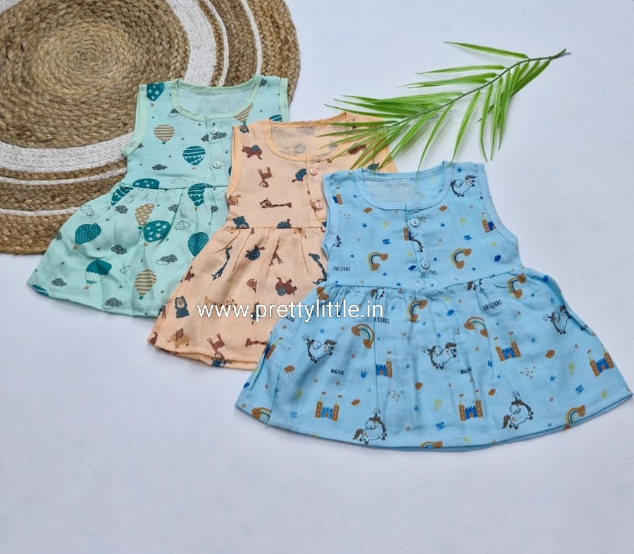 (Any 5) Combo Pack of Muslin soft Frocks for Babies sleeveless (0-6 month)