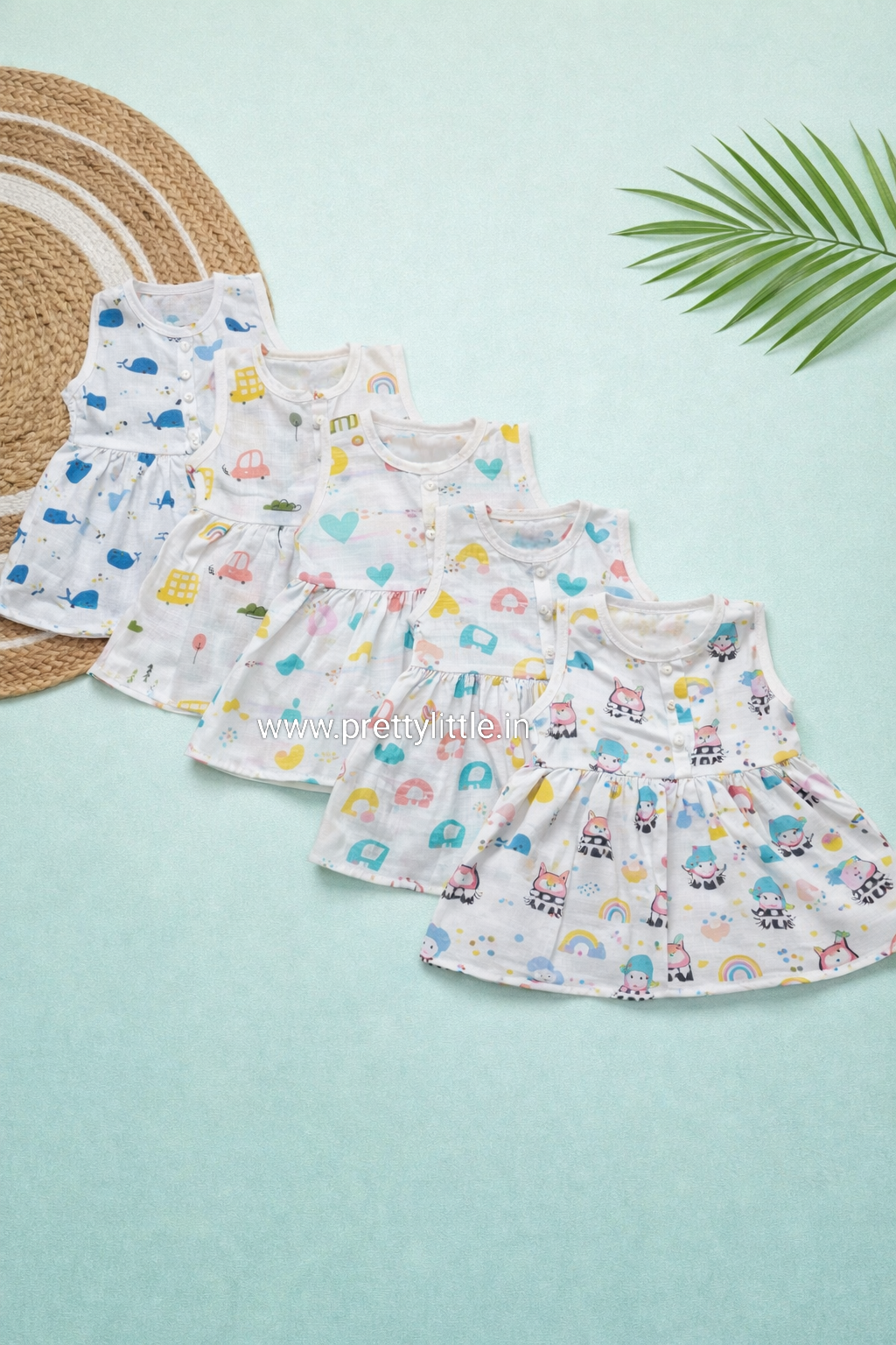 (Any 5) Combo Pack of Muslin soft Frocks for Babies sleeveless (0-6 month)